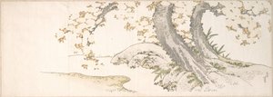 Blomstrende kirsebærtræer ved en bæk af Katsushika Hokusai