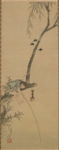 Dreng, der fisker fra lem af et træ, Edo-perioden, 1839. af Katsushika Hokusai