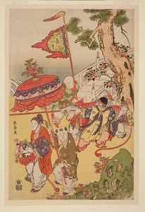 Kinesiske børn leger ved et fyrretræ af Katsushika Hokusai