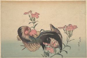 Hane, høne og Nadeshiko (Dianthus superbus) af Katsushika Hokusai