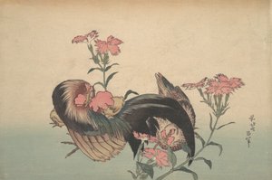 Cock, Hen og Nadeshiko Dianthus Superbus. af Katsushika Hokusai