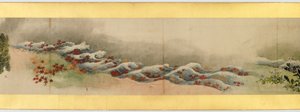 Detalje af Handscroll med diverse billeder, Edo Periode, 1839 blæk og farve på papir