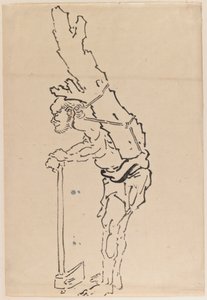 Tegning af en mand, der hviler på en økse og bærer en del af en træstamme på ryggen (blæk på papir) af Katsushika Hokusai