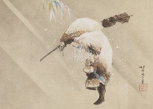 Fisker, der bærer sit net i sneen, ca. 1821 (blæk, farve og sjov på papir) af Katsushika Hokusai