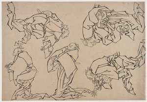 Fem musikere, der spiller trommer, slutningen af det 18.-begyndelsen af det 19. århundrede. af Katsushika Hokusai