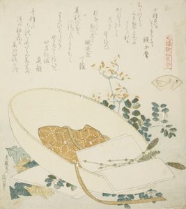 Friskplukkede blomster i en rejsendes hat, illustration til The Thousand-grasses Shell af Katsushika Hokusai