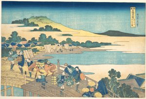 Fukui-broen i Echizen-provinsen (Echizen Fukui no hashi), fra serien »Bemærkelsesværdige udsigter over broer i forskellige provinser« (Shokoku meikyō kiran) af Katsushika Hokusai