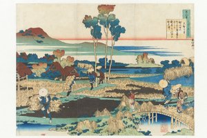 Digt af kejser Tenchi fra serien »Hundrede digte af hundrede digtere, forklaret af ammen« af Katsushika Hokusai