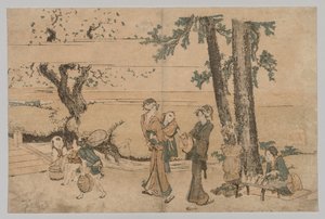 Gruppe af figurer nær en bæk af Katsushika Hokusai