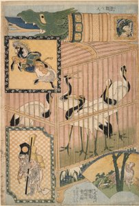Japanske bur- og manchuriske kraner, fra et sæt, der reklamerer for kæmpehalm, der fungerer i en fair attraktion af Katsushika Hokusai