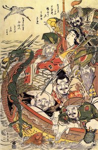 Japansk mytologi: "Syv guddomme af lykke" af Katsushika Hokusai