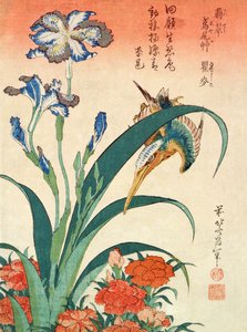 Kingfisher, Iris og Pinks, pub. af Nishimura Eijudo, ca. 1832, et af et sæt på ti tryk, (chuban størrelse, farve træblok) af Katsushika Hokusai
