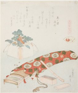 Koto og nytårsoffer, illustration til The Akoya Beach Shell (Akoyagai), fra serien "A Matching Game with Genroku-period Poem Shells (Genroku kasen kai awase)" af Katsushika Hokusai