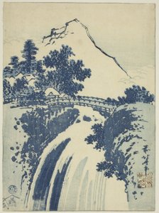 Landskab med vandfald, fra en serie af chuban-tryk uden navn af Katsushika Hokusai