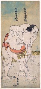 Les lutteurs sumo Takaneyama Yoichiemon og Sendagawa Kichigoro --Sumobryderne Takaneyama Yoichiemon og Sendagawa Kichigoro par Hokusai, Katsushika (1760-1849). Farve træsnit, størrelse: 30,6x12,9, ca 1792, privat samling af Katsushika Hokusai