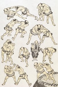 Manga: studier af wrestlers gestik og kropsholdning, pub. 1849, (farvetryk i træsnit) af Katsushika Hokusai
