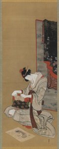 Nytårsbrug: Makeup på nytårsmorgen, Edo-periode, ca. 1806-11 (blæk og farve på silke) af Katsushika Hokusai
