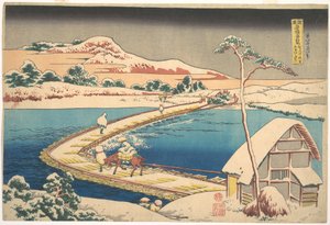 Gammelt billede af bådbroen ved Sano i Kōzuke-provinsen (Kōzuke Sano funabashi no kozu), fra serien »Bemærkelsesværdige udsigter over broer i forskellige provinser« (Shokoku meikyō kiran) af Katsushika Hokusai