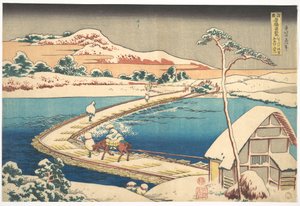 Gammelt billede af bådbroen ved Sano i Kōzuke-provinsen (Kōzuke Sano funabashi no kozu), fra serien »Bemærkelsesværdige udsigter over broer i forskellige provinser« (Shokoku meikyō kiran) af Katsushika Hokusai