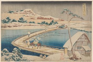 Gammelt billede af pontonbroen ved Sano i Kôzuke-provinsen af Katsushika Hokusai