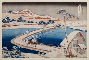 Gammelt billede af pontonbroen ved Sano i Kōzuke-provinsen, fra serien »Bemærkelsesværdige udsigter over broer i forskellige provinser« af Katsushika Hokusai