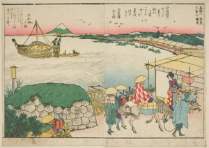 Sider fra den illustrerede bog "Panoramaudsigt langs bredden af Sumida-floden (Ehon Sumidagawa ryogan ichiran)" af Katsushika Hokusai