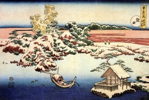 ""Snefyldt landskab ved Sumida-floden, Japan"" Tryk af Katsushika Hokusai (1760-1849) (ukiyo-e School) 1832 State A Pushkin Museum of Fine Arts, Moskva af Katsushika Hokusai