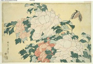 Pæoner og sommerfugle, fra en unavngiven serie af store blomster af Katsushika Hokusai