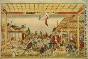 Perspektivbillede af natangrebet af de 47 loyale vasaler af Katsushika Hokusai