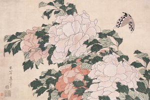Lyserøde og røde pæoner blæst til venstre i en brise og en sommerfugl af Katsushika Hokusai