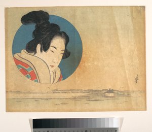 Portræt af en kvinde i en stor cirkel med et landskab nedenunder af Katsushika Hokusai