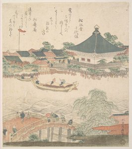 Flodscene med bro i forgrunden af Katsushika Hokusai