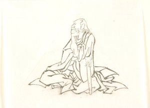 Siddende gammel mand, der støtter sig til en stok af Katsushika Hokusai