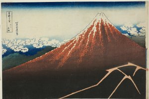 Shower Below the Summit (Sanka hakuu), fra serien "Thirty-six Views of Mount Fuji (Fugaku sanjurokkei)" af Katsushika Hokusai