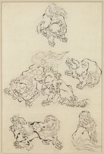 Seks løver af Katsushika Hokusai