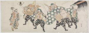 Seks mandlige guder, der udfører løvedansen, 1797-1819 (træblok i farver) af Katsushika Hokusai