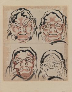 Skitse af fire ansigter (blæk på papir) af Katsushika Hokusai