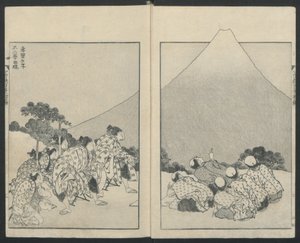 Glidende ned til venstre, Åbningen af Fuji lige fra hundrede udsigter over Fuji-bjerget, 1834. af Katsushika Hokusai