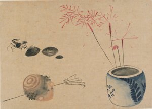 Stjernekastere, krabbe og løg, slutningen af det 18.-begyndelsen af det 19. århundrede. af Katsushika Hokusai