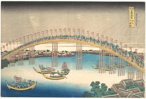 Tenman-broen i Settsu-provinsen (Sesshū Tenmanbashi), fra serien »Bemærkelsesværdige udsigter over broer i forskellige provinser« (Shokoku meikyō kiran) af Katsushika Hokusai