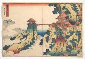 »Den hængende skybro ved bjerget Gyōdō nær Ashikaga« (Ashikaga Gyōdōzan kumo no kakehashi), fra serien »Bemærkelsesværdige udsigter over broer i forskellige provinser« (Shokoku meikyō kiran) af Katsushika Hokusai