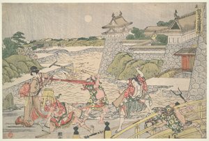 De 47 trofaste rōnin (Chūshingura),  3. akt: Kampei angribes af Bannai og hans mænd af Katsushika Hokusai