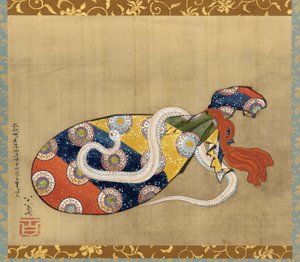 The Lute and White Snake of Benten, Edo-perioden, 1847 (blæk og farve på silke) af Katsushika Hokusai
