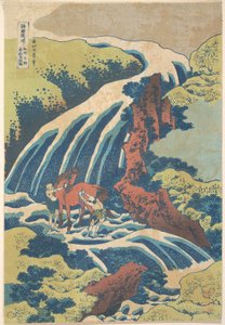 Vandfaldet, hvor Yoshitsune vaskede sin hest i Yoshino i Yamato-provinsen (Washū Yoshino Yoshitsune uma arai no taki), fra serien »En rundrejse til vandfald i forskellige provinser« (Shokoku taki meguri) af Katsushika Hokusai