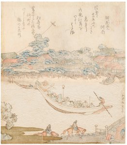 Bredden af Sumida-floden, Komatomeishi. Triptykon fra serien Umazukushi, Central del, 1822 af Katsushika Hokusai