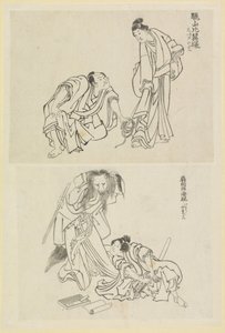 To scenescener, en med en mand og en kvinde og en med en mand og en rævekvinde af Katsushika Hokusai