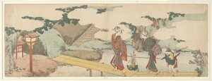 To kvinder og en dreng på strandpromenaden af Katsushika Hokusai