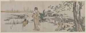 To kvinder og et barn ved siden af en guldfisketank af Katsushika Hokusai