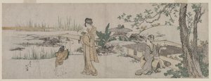 To kvinder og et barn ved siden af en guldfisketank, ca. 1800. af Katsushika Hokusai