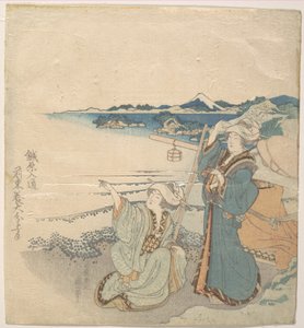To unge damer ved kysten; den ene peger af Katsushika Hokusai